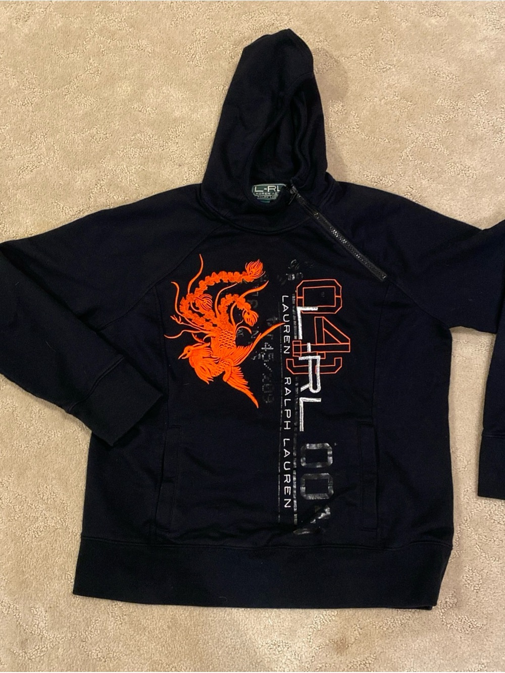 Ralph Lauren Black Zip-Up Hoodie with Orange Dragon Graphic